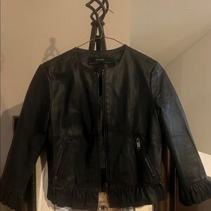 Zara Black Leather Jacket with Ruffle Hem XS